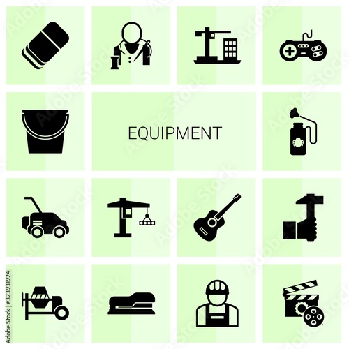14 equipment filled icons set isolated on white background. Icons set with Bucket, Lawnmower, tower crane, Disinfection service, Eraser, tailor, Construction, joystick icons.