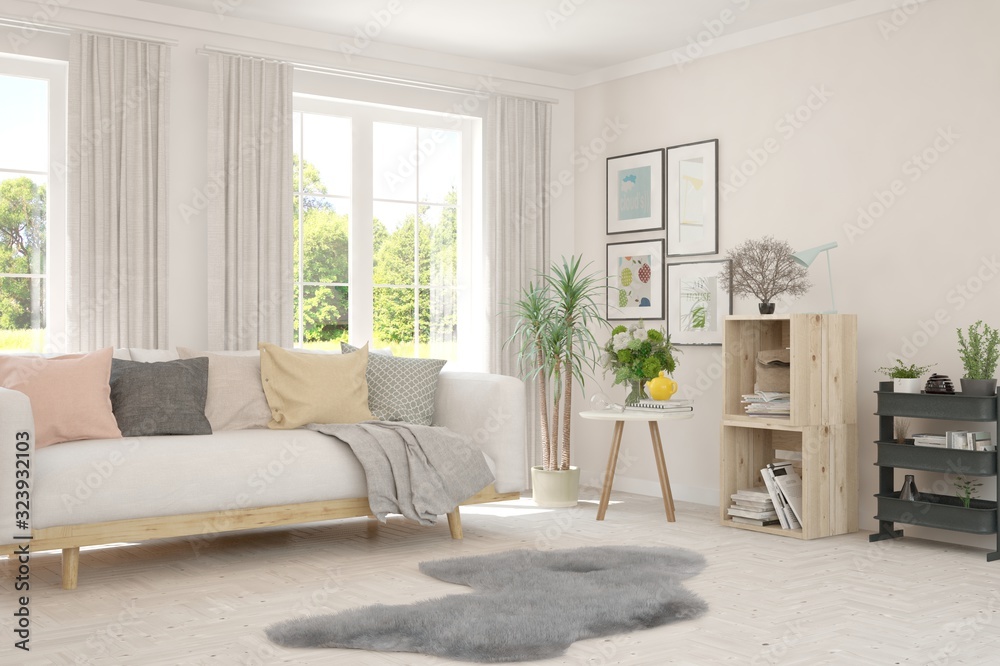 Fototapeta premium Stylish room in white color with sofa and summer landscape in window. Scandinavian interior design. 3D illustration