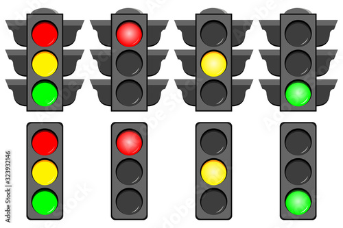 Traffic light interface icons set isolated on white background.
