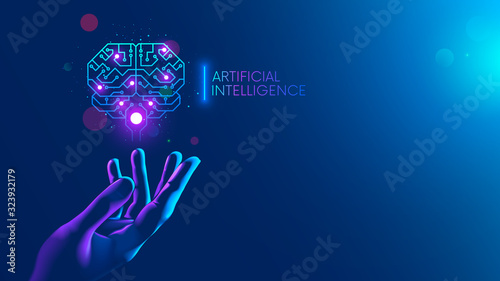 Circuit board in shape electronic brain with gyrus, symbol ai hanging over hand. Symbol of computer neural networks or artificial intelligence in neon cyberspace with glowing title on palm scientist photo