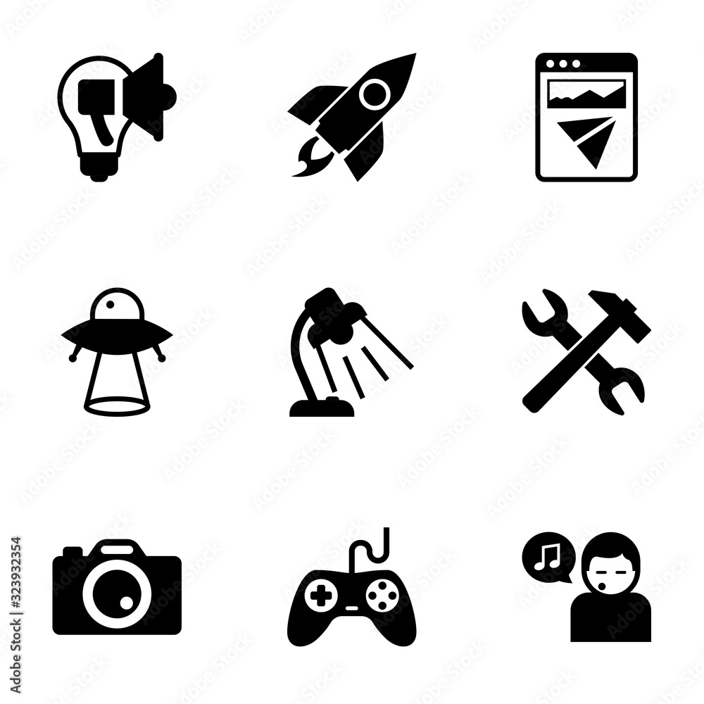 9 technology filled icons set isolated on white background. Icons set with Creative campaign, rocket, Landing page, ufo, Table lamp, tools, Photo services, Gaming, Singing icons. 9 technology filled icons set isolated on white background. Icons set with Creative campaign, rocket, Landing page, ufo, Table lamp, tools, Photo services, Gaming, Singing icons.