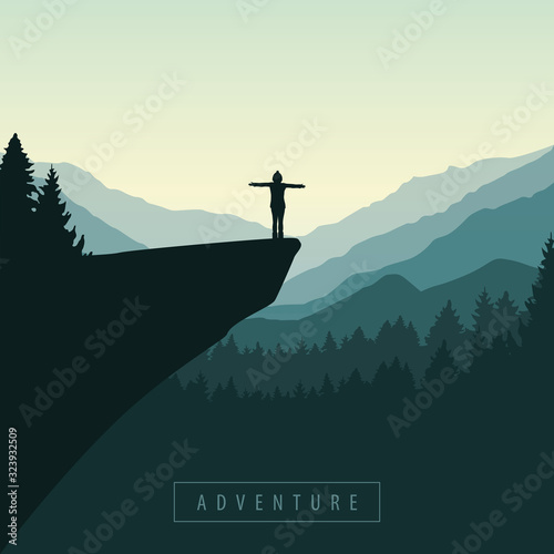 hiking adventure girl on a cliff in at sunrise with mountain view vector illustration EPS10