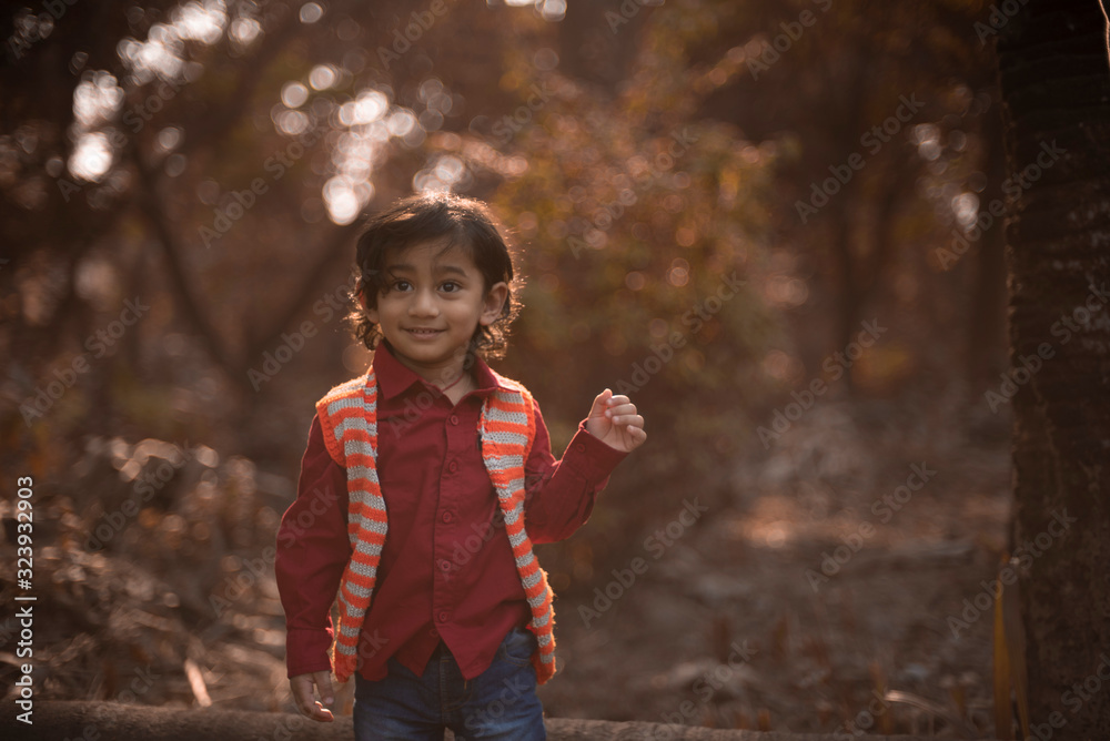 Portrait of an Indian brunette baby boy in winter wear enjoying himself in a field on a winter afternoon in green natural background. Indian lifestyle and childhood. Portrait of an Indian brunette baby boy in winter wear enjoying himself in a field on a winter afternoon in green natural background. Indian lifestyle and childhood.