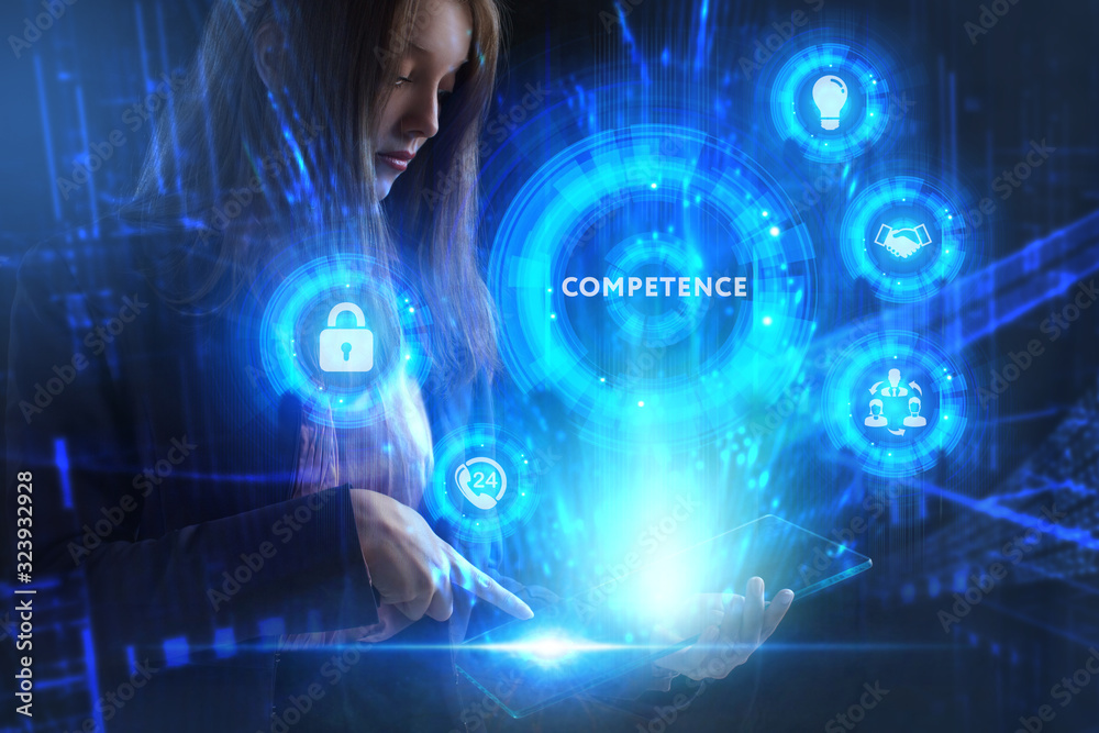 Business, Technology, Internet and network concept. Young businessman working on a virtual screen of the future and sees the inscription: Competence Business, Technology, Internet and network concept. Young businessman working on a virtual screen of the future and sees the inscription: Competence