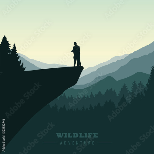wildlife adventure couple in the mountains green nature landscape vector illustration EPS10