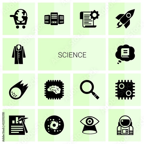 14 science filled icons set isolated on white background. Icons set with coat, asteroid, Artificial Intelligence, Knowledge, eLearning, Big data, Self-learning, rocket icons.