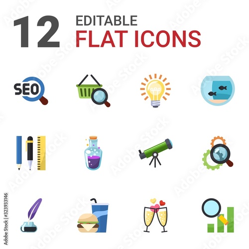 12 glass flat icons set isolated on white background. Icons set with SEO, Marketing research, Idea, Drawing tools, mana potion, Aquarium, Inkwell, Beverage, champagne, Semantic Analysis icons.