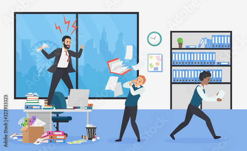 Angry boss stay on office table flat vector illustration. Frightened employees shocked by furious top manager Stressful working environment concept vector illustration.