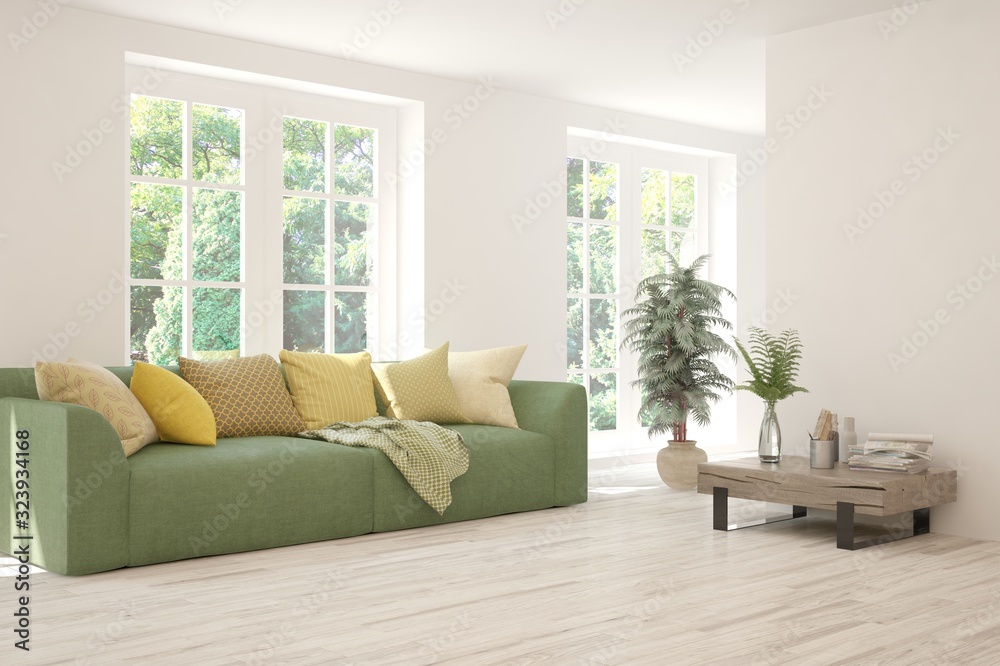 Fototapeta premium Stylish room in white color with sofa and summer landscape in window. Scandinavian interior design. 3D illustration