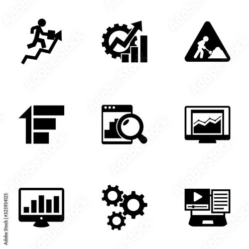 9 progress filled icons set isolated on white background. Icons set with career growth, Productivity, construction works, Priority, Web analytics, statistics, SEO monitoring icons.