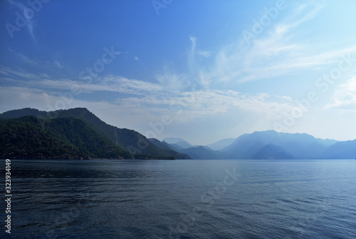 blue water, blue sky, mountains. aegean. Turkey