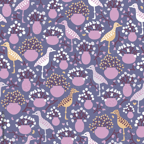Standing birds and flower vases purple seamless vector pattern. Nature themed surface print design. Great for fabrics, cards, scrapbook and wrapping paper.