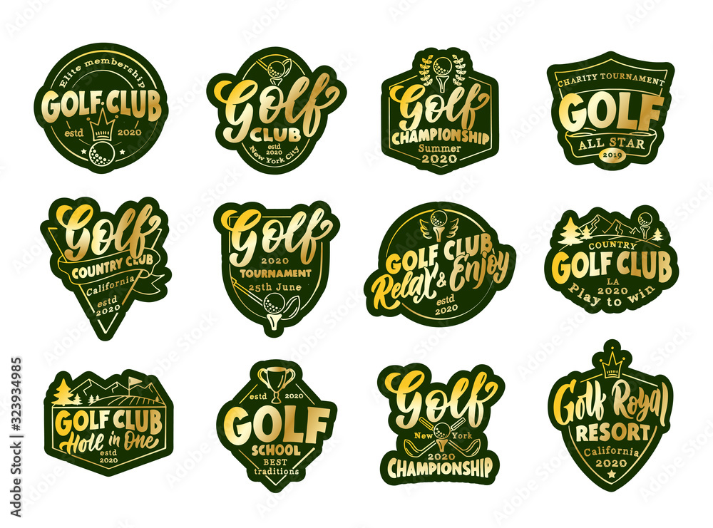 Set of gold stickers, patches. Golf badges, templates, emblems, stamps for Golf club, school Set of gold stickers, patches. Golf badges, templates, emblems, stamps for Golf club, school
