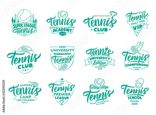 Set of vintage Tennis emblems and stamps. Badges, templates and stickers for club, school on white background