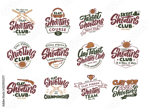 Set of vintage Clay Shooting emblems and stamps. Colorful badges, templates and stickers for Shooting club