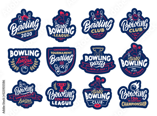 Set of Bowling stickers, patches. Colorful badges, emblems, stamps for club, super league on white background