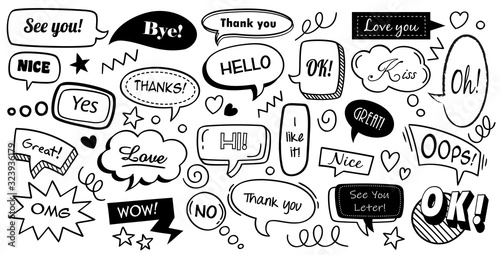 Speech bubbles with text sound. Hand drawn trendy design cartoons elements. Communication tags. Vector illustration doodle colourful text banners set communication clouds  comic cartoon sticker