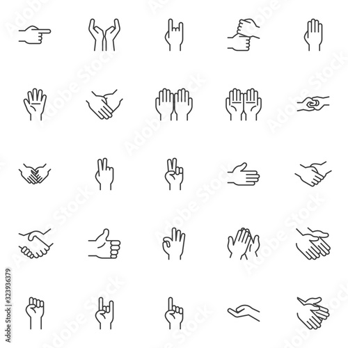 Hands gesture line icons set. linear style symbols collection  outline signs pack. vector graphics. Set includes icons as Praying hands  Rock and roll  Victory  Handshake  Clapping  Index Finger up