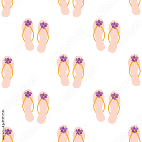 Pink flip flop shoes seamless vector pattern. White background. Top view flat lay design. Cute hand drawn women sandals. Summer holiday concept.