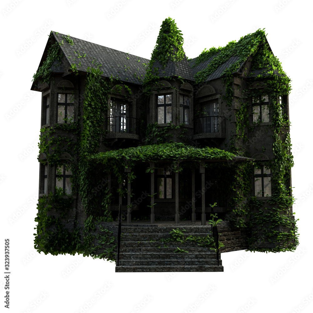 A 3D rendered image of a 3D model old house with second floor and wild vegetation growing on top of it. Isolated in white background
