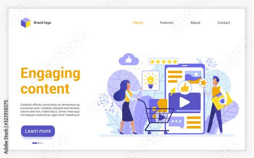 Engaging content website flat design landing page. User friendly interface app, clients engagement, social influencing, sunscribers communication, content marketing concept, vector illustration.