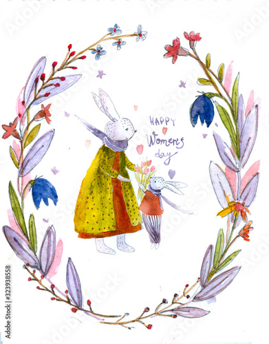 Watercolor card with rabbit mom and son rabbit .  Happy mother`s day!