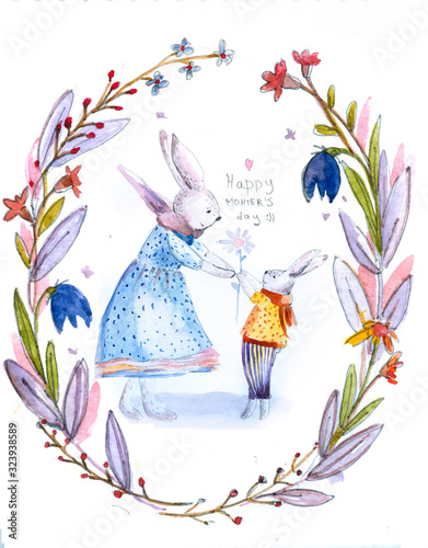Watercolor card with rabbit mom and son rabbit .  Happy mother`s day!