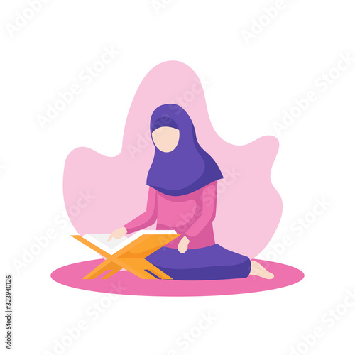 muslim girl reading al quran the holy book of islam vector flat illustration at peace nature background with floral leaf ornament. Islam ramadan activity vector design.
