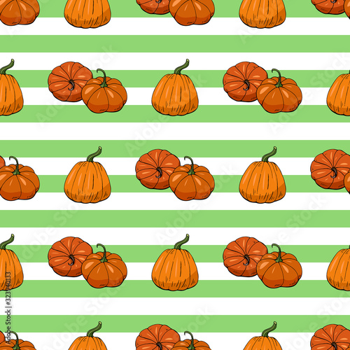 Seamless pattern with hand drawn pumpkins on light green and white striped background