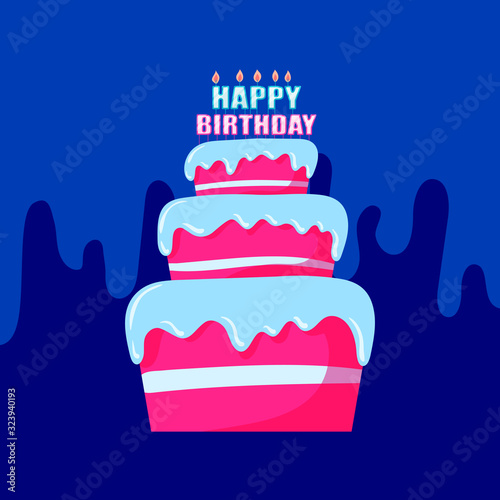 Greeting card. Bright vector illustration of a cake with candles and the inscription Happy Birthday, decorated with beautiful flowers. Baking for window dressing, creating cards and banners.