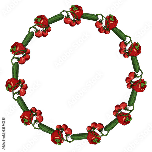 Round frame with tomatoes, cucumbers and bell peppers