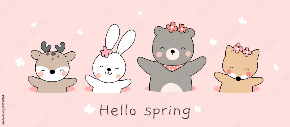 Draw cute animal in hole on pink color For spring. Stock Vector | Adobe  Stock