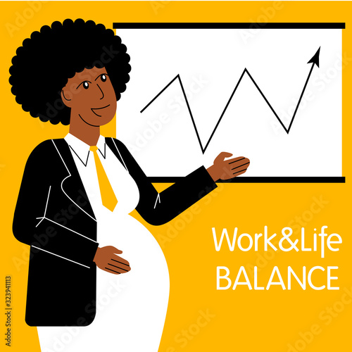 A square flat vector image of a black pregnant woman working in the office. Life and work balance. A woman making career. 