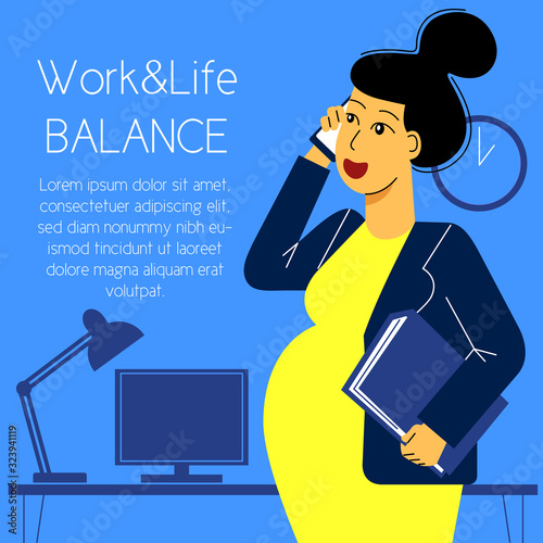 A square flat vector image of a pregnant woman working in the office. Life and work balance. A woman making career. 