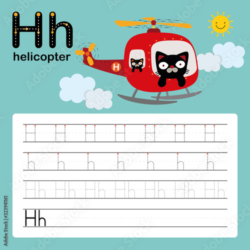 Alphabet tracing worksheet for preschool and kindergarten to improve basic writing skills, letter H, helicopter, vector, illustration 