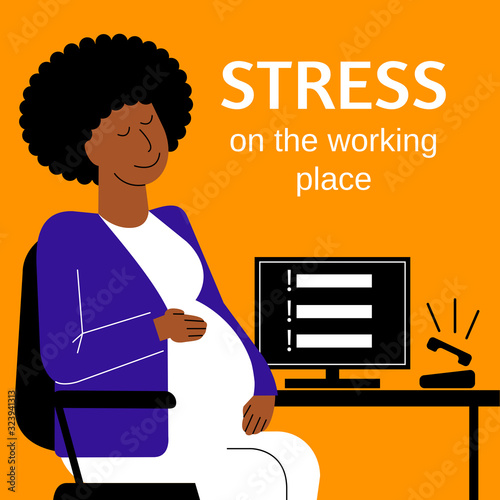 A square flat vector image of a pregnant woman having a stress situation in the office. Life and work balance. A woman making career. 