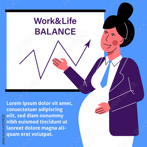 A flat vector image of a pregnant woman working in the office. Life and work balance. A woman making career.  photo