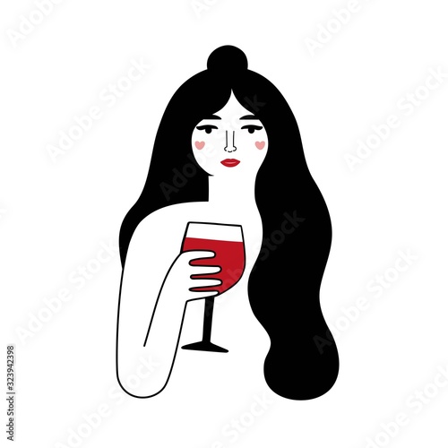 Vector illustration with long hair and red lips woman holding glass of red wine.