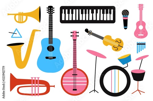 Vector musical icon collection. Isolated set with drums, guitars, wind instruments
