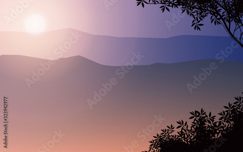 Natural forest mountains horizon hills silhouettes of trees Evening Sunrise and sunset Landscape wallpaper Illustration vector style Colorful view background © Chakkree