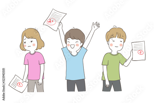 Draw student holding them result paper with different emotion.