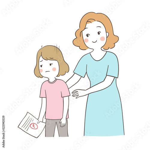 Vector mother comforting her daughter so sad with result.