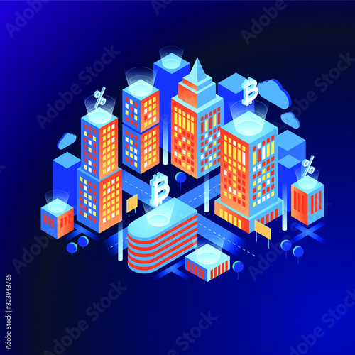 Blockchain technology. Cryptocurrency marketplace of bitcoin mining farm in smart city. Digital cloud network for crypto currency.. Modern 3d isometric vector illustration of web page.  Design concept