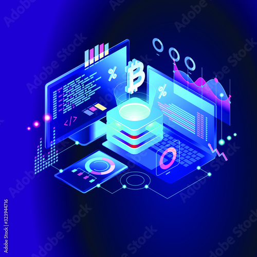 Blockchain technology. Cryptocurrency marketplace of bitcoin mining farm in smart city. Digital cloud network for crypto currency.. Modern 3d isometric vector illustration of web page.  Design concept