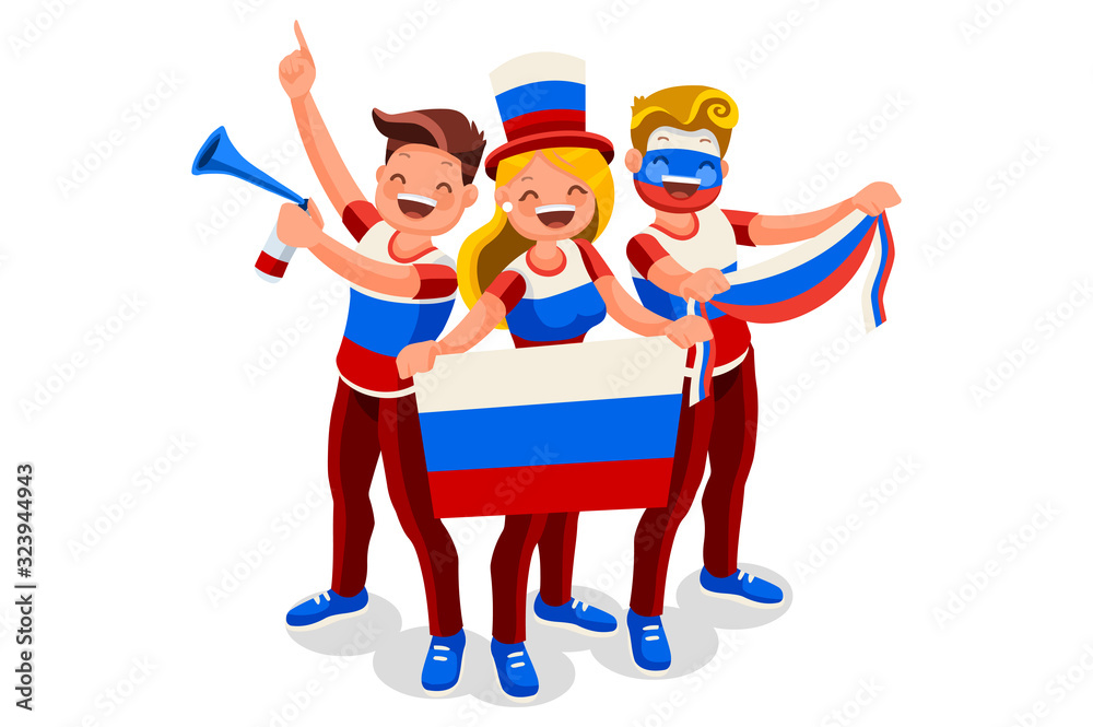 Crowd of persons celebrate national day of Russia with a flag. Russian people celebrating a football team. Soccer symbol and victory celebration. Sports cartoon symbolic flat vector illustration Crowd of persons celebrate national day of Russia with a flag. Russian people celebrating a football team. Soccer symbol and victory celebration. Sports cartoon symbolic flat vector illustration