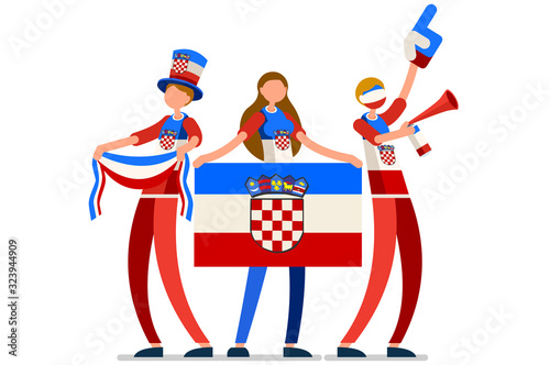 Crowd of persons celebrate national day of Croatia with a flag. Croatian people celebrating a football team. Soccer symbol and victory celebration. Sports cartoon symbolic flat vector illustration