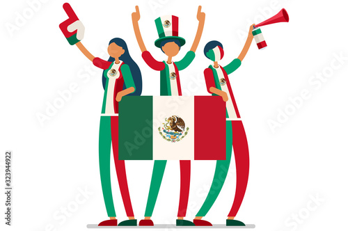 Crowd of persons celebrate national day of Mexico with a flag. Mexican people celebrating a football team. Soccer symbol and victory celebration. Sports cartoon symbolic flat vector illustration