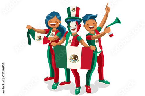 Crowd of persons celebrate national day of Mexico with a flag. Mexican people celebrating a football team. Soccer symbol and victory celebration. Sports cartoon symbolic flat vector illustration