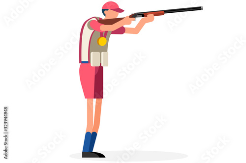 Male person celebrate xxxii summer games athletics medal. Sportive people celebrating shooting team. Shooter athlete symbol on victory celebration. Cartoon symbolic flat vector illustration.