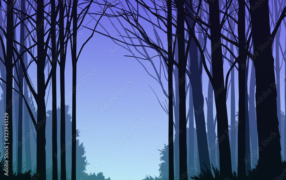 Natural forest mountains horizon hills silhouettes of trees Evening Sunrise and sunset Landscape wallpaper Illustration vector style Colorful view background